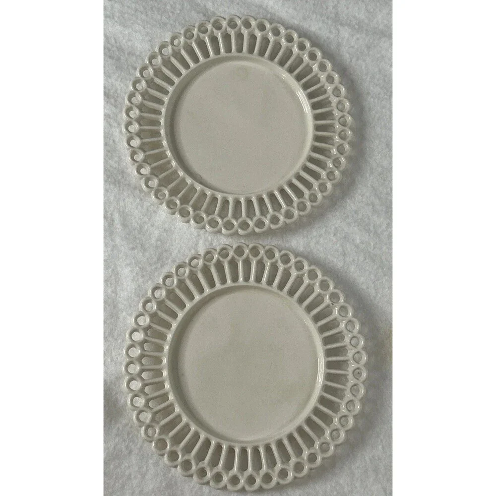 Vintage Milk Glass Ribbon lace edge Dessert Salad Plates Set Of 2 Ivory White